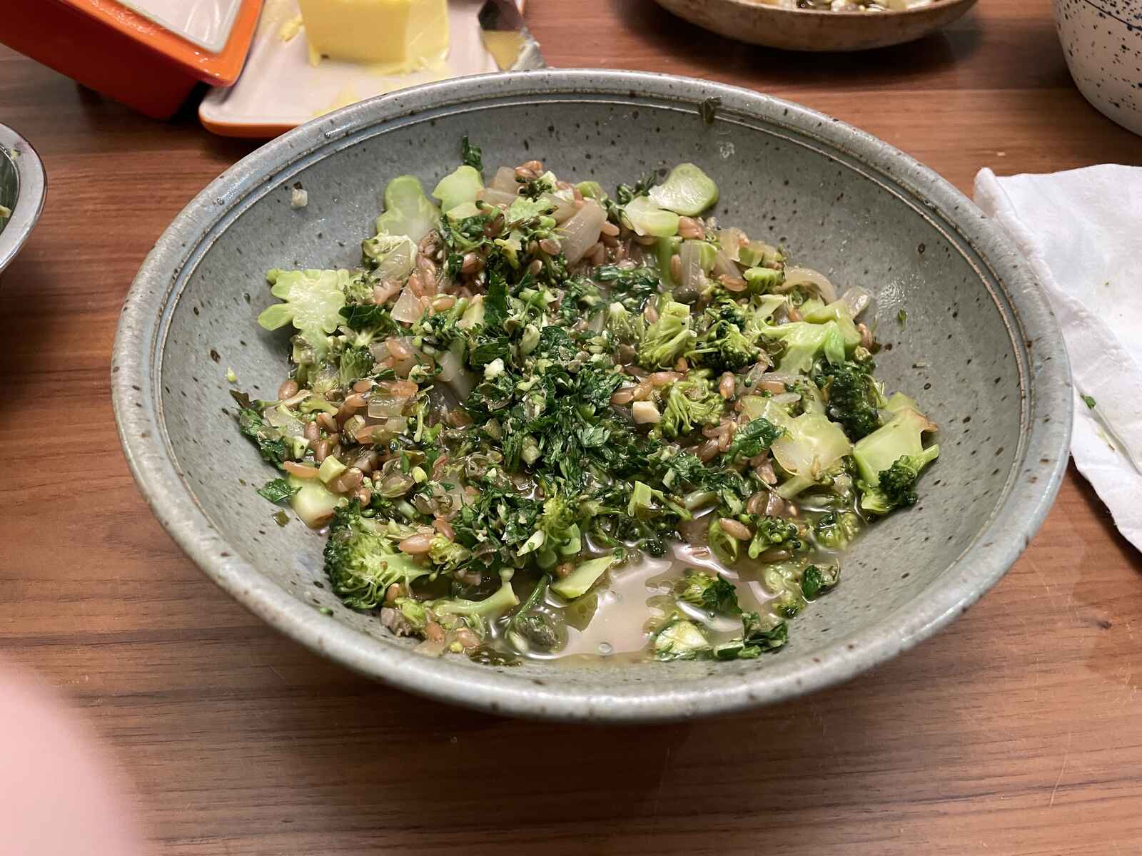 A bowl of broccoli farro soup