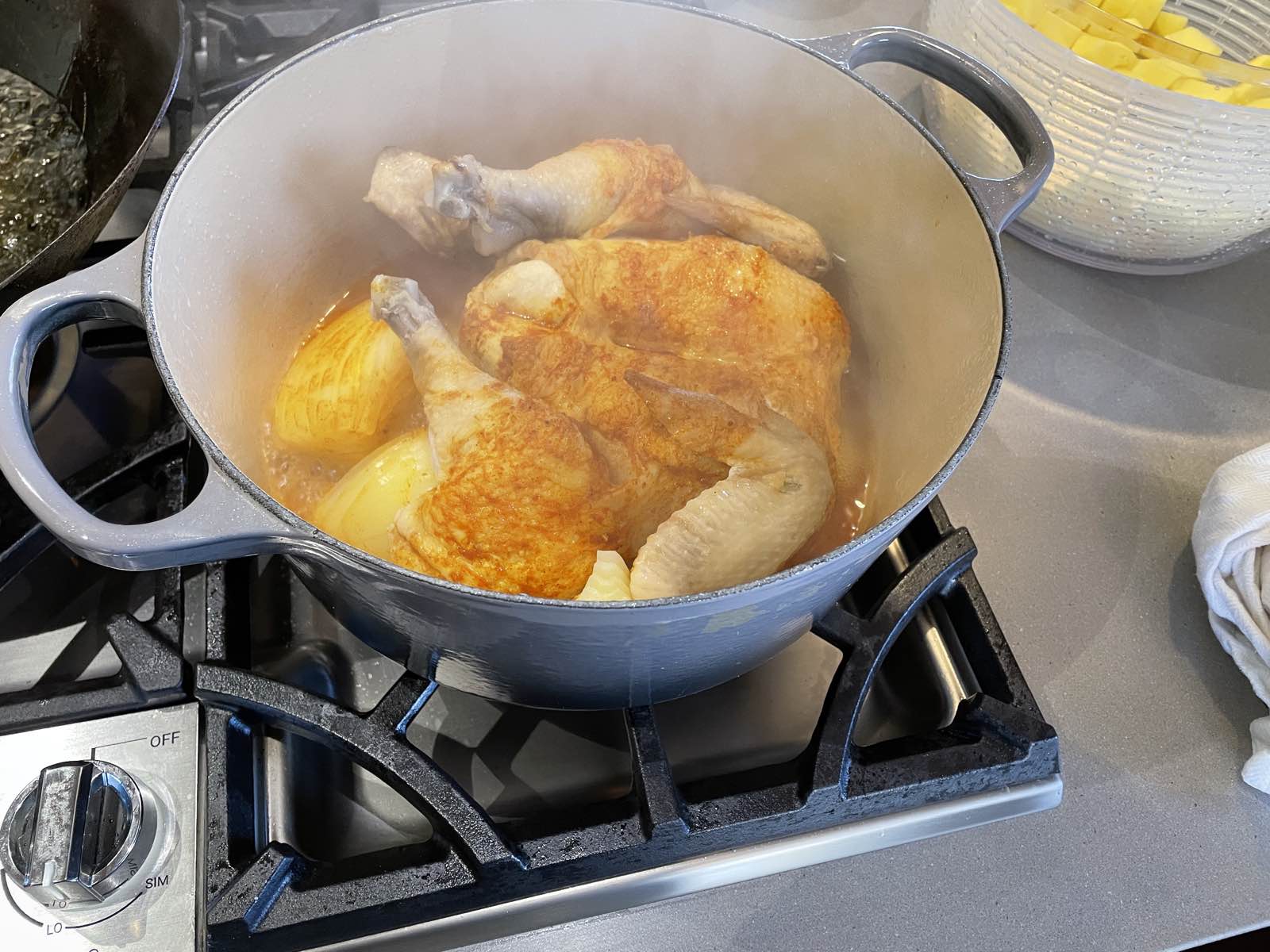 a chicken, in a pot, with onion beneath it