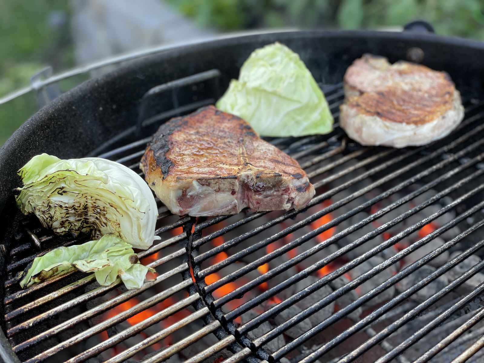 Pork chops and cabbage on a grill